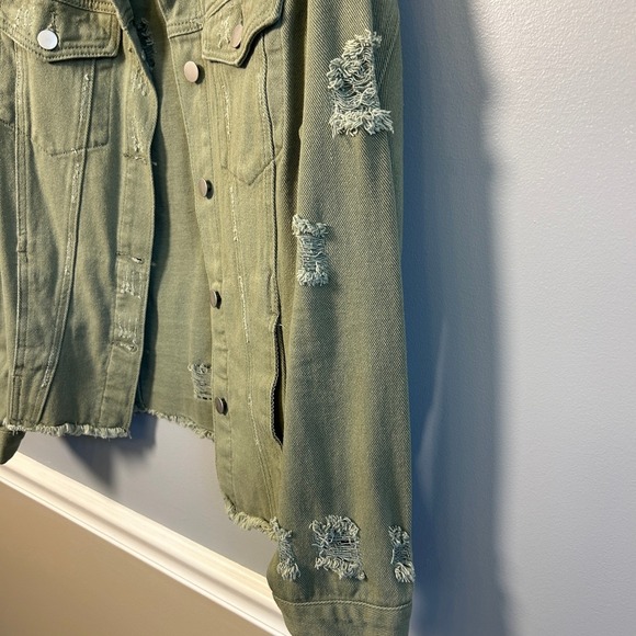 Olive Sage Green M Distressed Denim Trucker Jacket Frayed Hem Utility Grunge - Picture 3 of 11